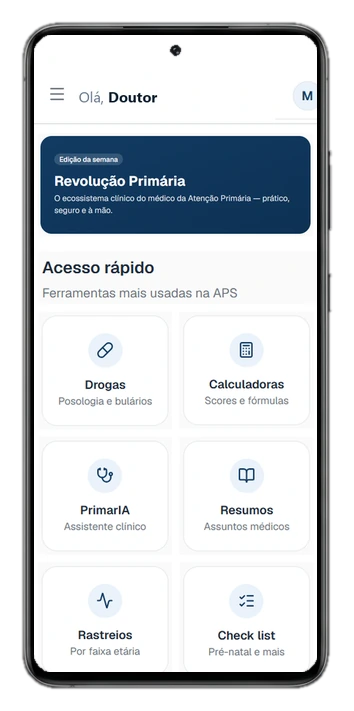 Tela inicial do app Revolução Primária com o Acesso rápido a todas as ferramentas