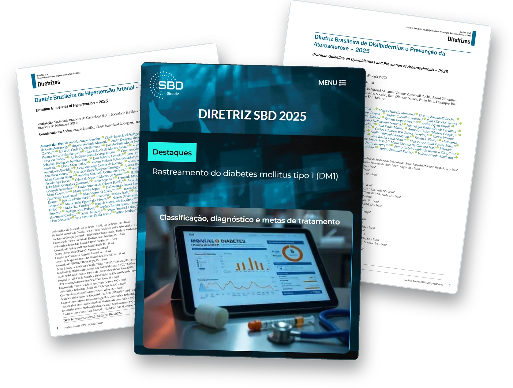 Capas das três diretrizes de 2025: Hipertensão Arterial (SBC/SBH/SBN), Diretriz SBD de diabetes e Dislipidemias e Prevenção da Aterosclerose (SBC)