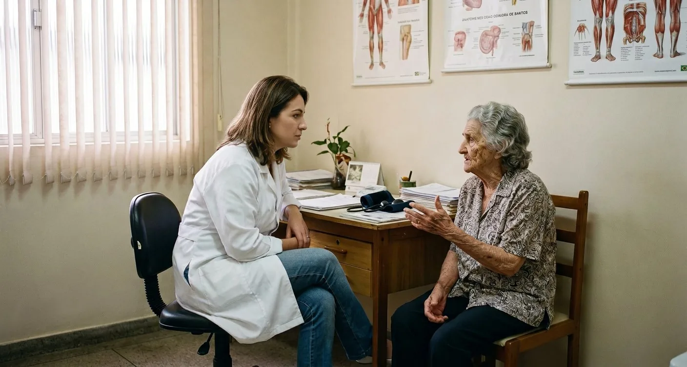 Médica conversa com paciente idosa em consultório de unidade básica de saúde