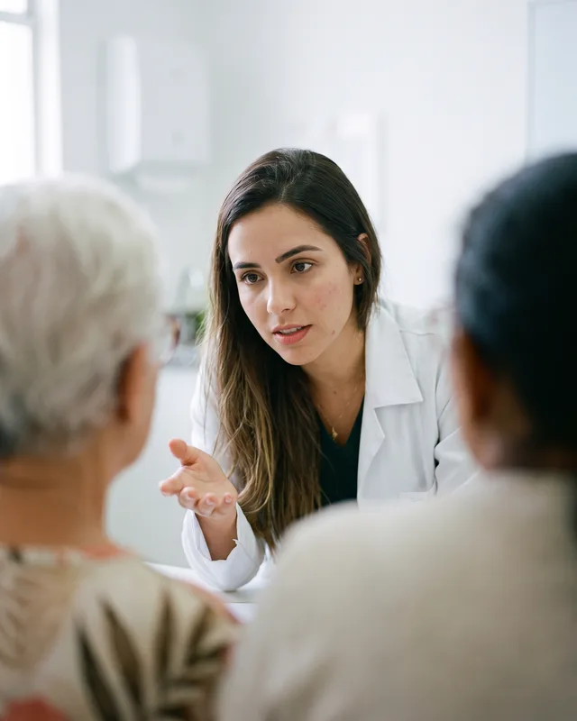 Médica conversando com atenção com um paciente idoso em consulta