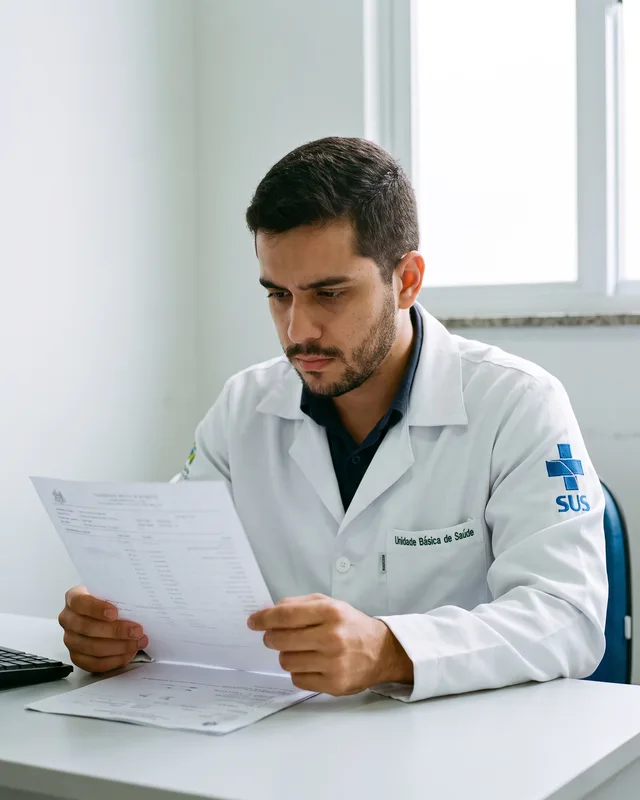 Médico revisando um exame com atenção em consultório de Unidade Básica de Saúde