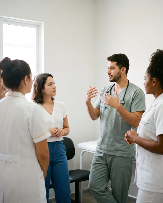 Médico alinhando a equipe multiprofissional numa Unidade Básica de Saúde